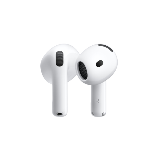 A pair of white wireless earbuds with black speaker grilles, shown from the rear on a solid white background.