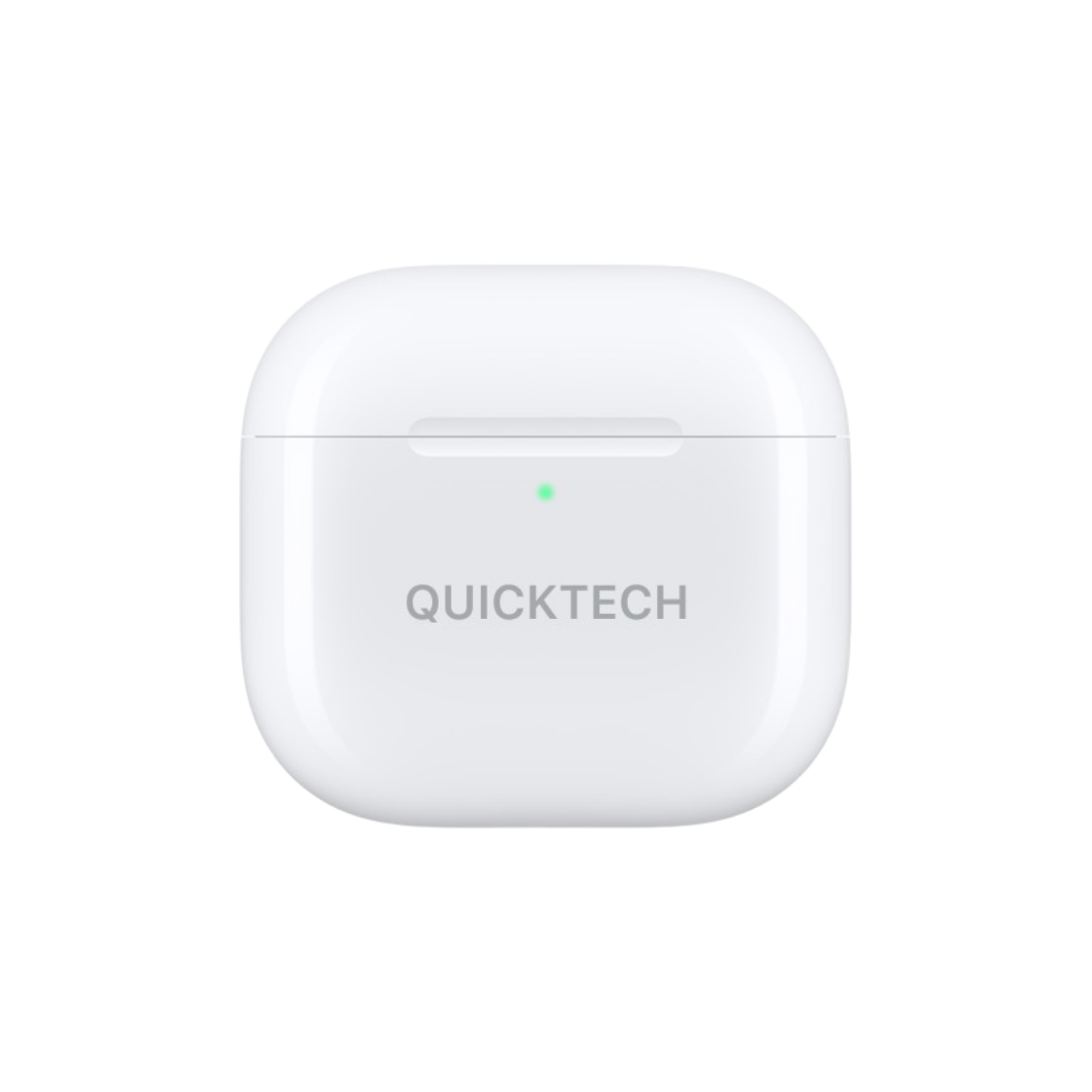 A white wireless earbud charging case with rounded corners, featuring the brand name 'QUICKTECH' printed in gray on the front and a small green LED indicator light near the top center, set against a plain white background.