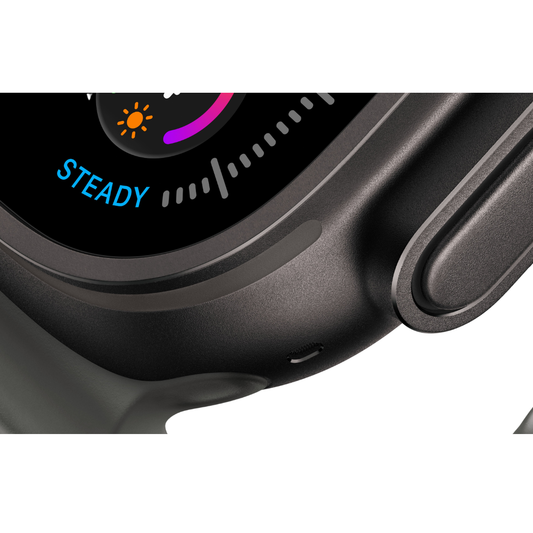 Close-up of a black smartwatch showing a digital display with the word 'STEADY' and colorful interface elements, set against a white background.