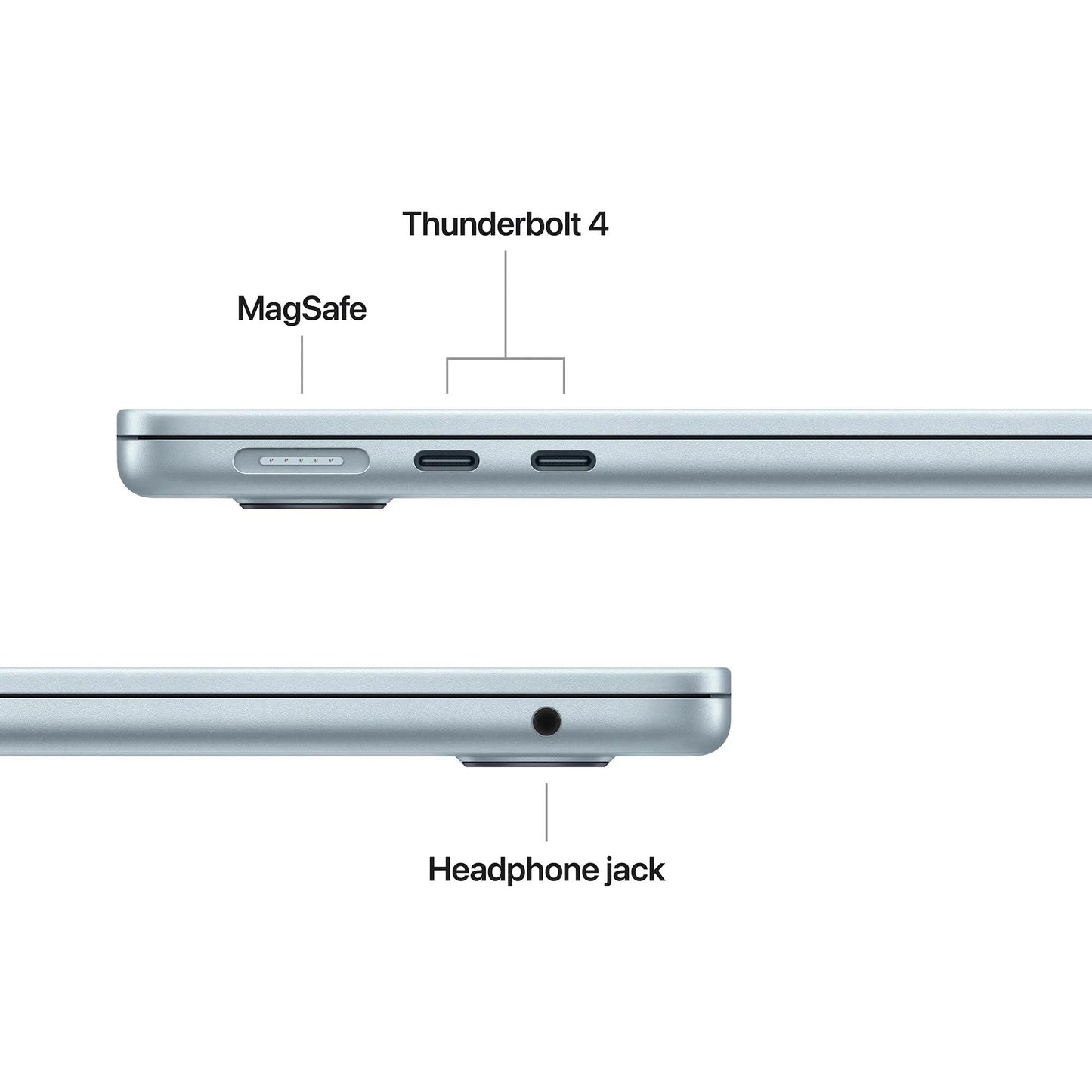 13-inch MacBook Air M5 side view showing MagSafe, Thunderbolt 4, and headphone jack ports