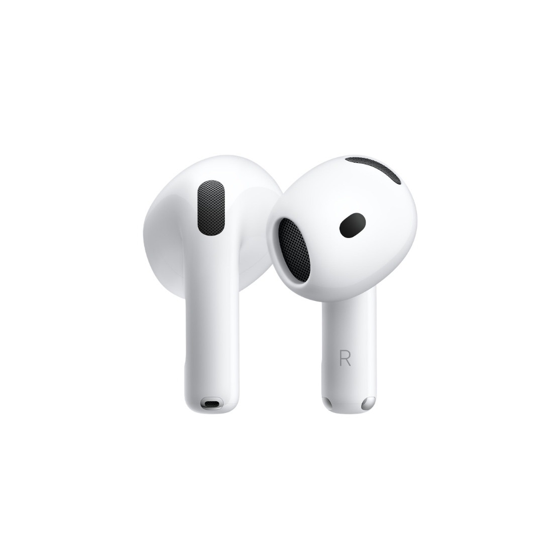 A pair of white wireless earbuds with black speaker grilles, shown from the rear on a solid white background.
