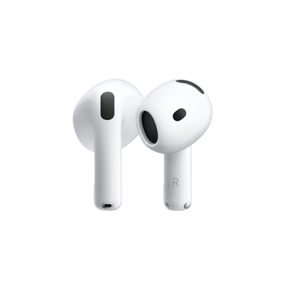 A pair of white wireless earbuds with black speaker grilles, shown from the rear on a solid white background.