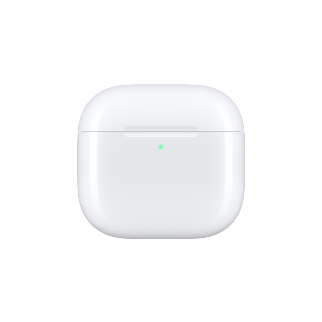 A white wireless earbud charging case shown from the front on a clean white background, with a small green indicator light lit near the center.