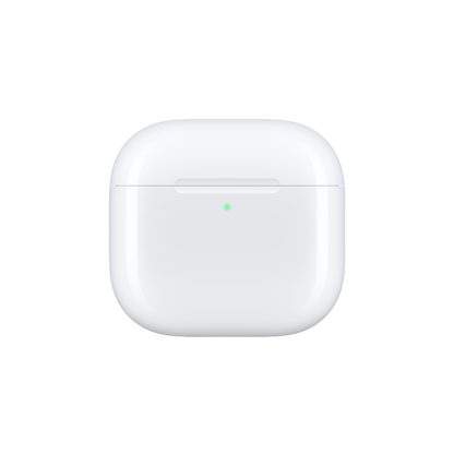 A white wireless earbud charging case shown from the front on a clean white background, with a small green indicator light lit near the center.