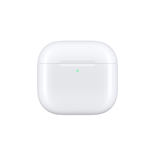 A white wireless earbud charging case shown from the front on a clean white background, with a small green indicator light lit near the center.