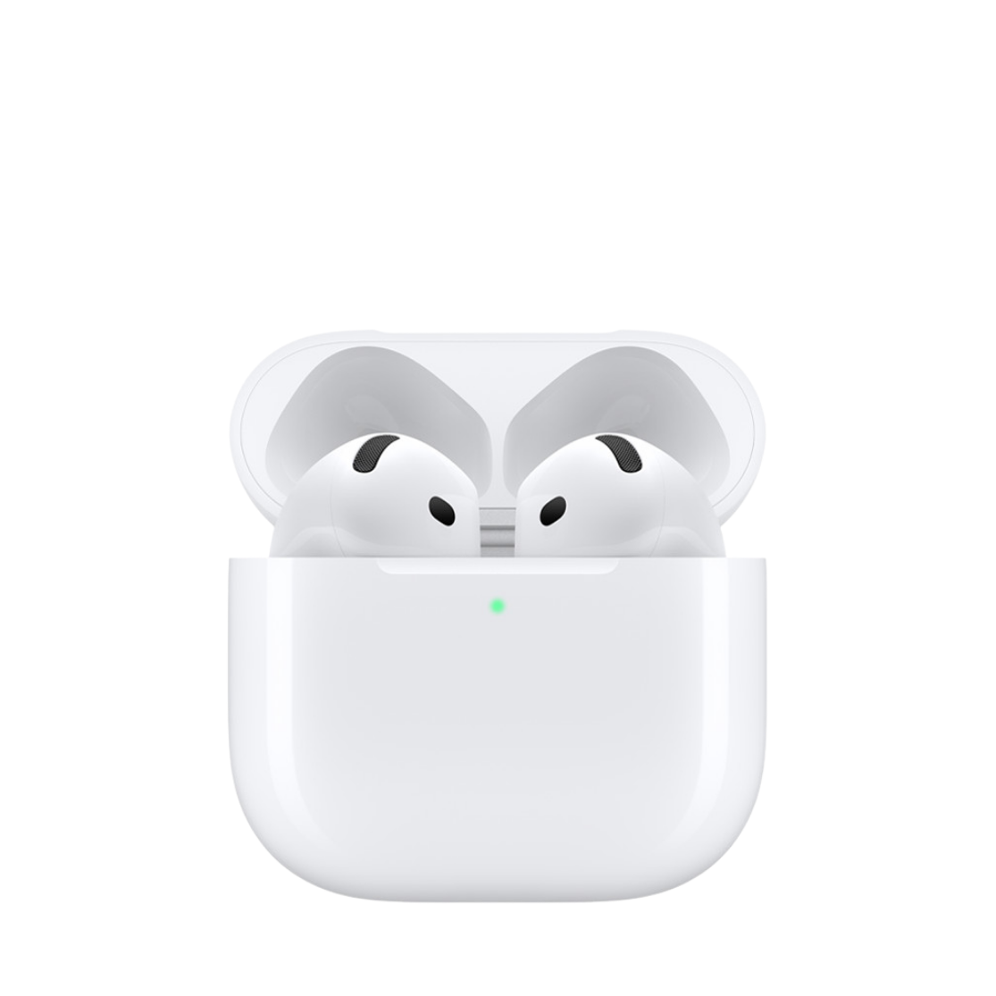 White wireless earbuds in an open charging case on a clean white background.