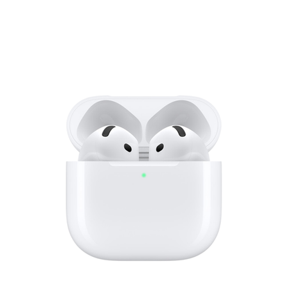 White wireless earbuds in an open charging case on a clean white background.