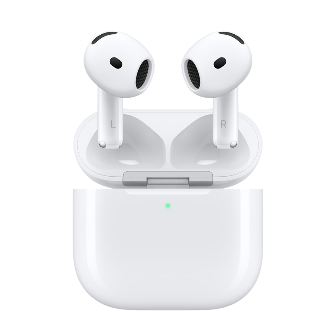 White wireless earbuds in an open charging case on a clean white background.