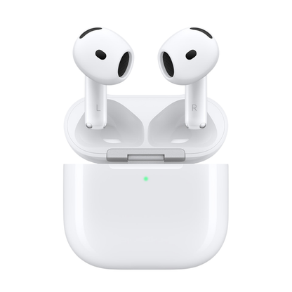 White wireless earbuds in an open charging case on a clean white background.
