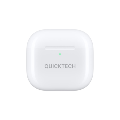 A white wireless earbud charging case with rounded corners, featuring the brand name 'QUICKTECH' printed in gray on the front and a small green LED indicator light near the top center, set against a plain white background.