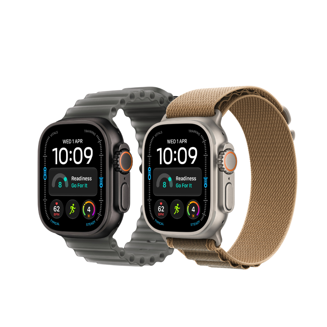 Two smartwatches shown side by side on a plain white background. The left watch has a dark gray silicone strap and a black case.
