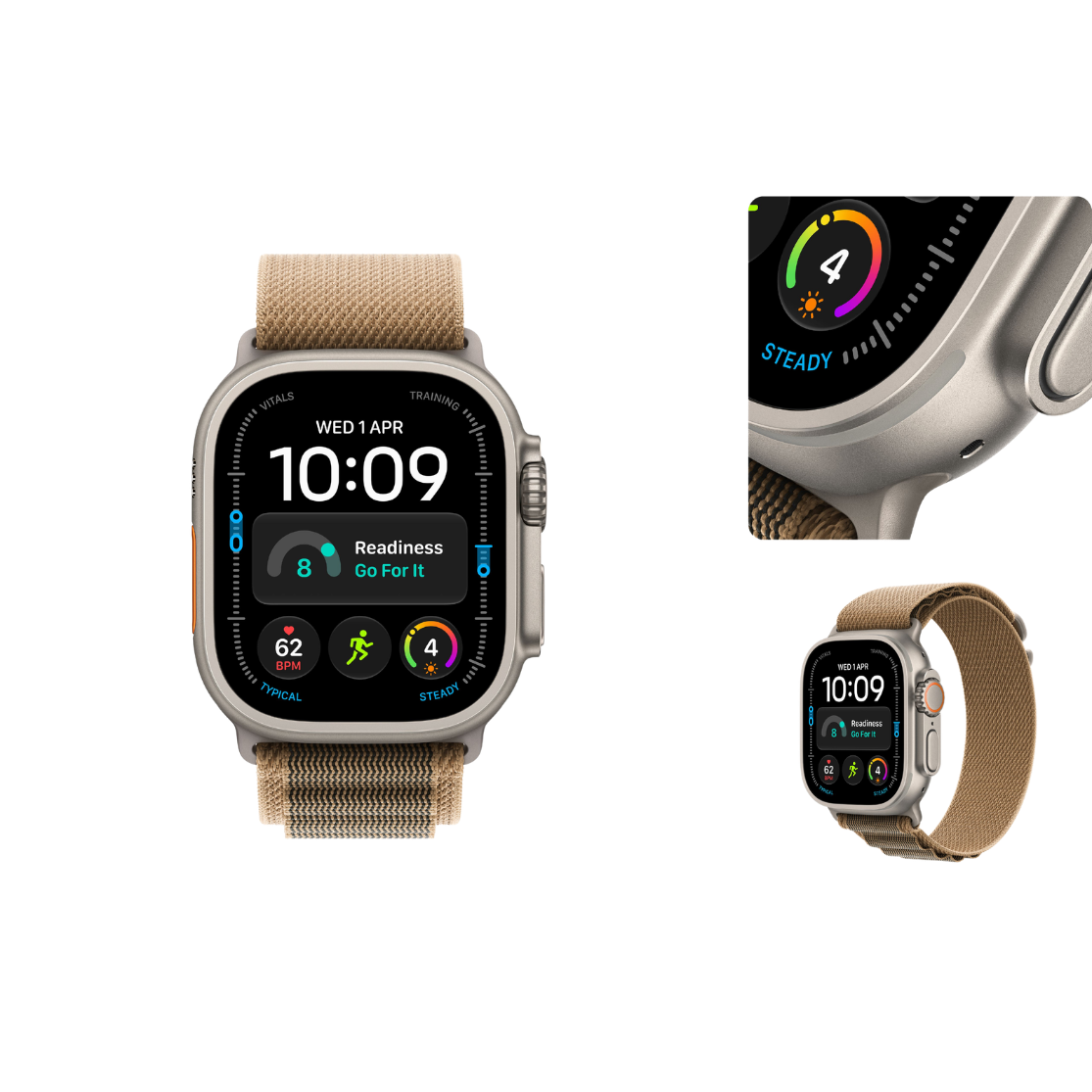 A smartwatch with a beige woven strap and a silver-toned case, shown on a white background with two smaller detail views on the right. The watch face displays fitness and time information.