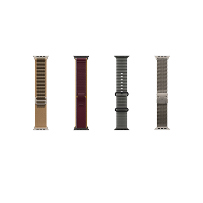 Four watch bands shown vertically on a plain white background, each with a different color and texture: tan leather, burgundy leather, dark gray textured, and silver mesh.