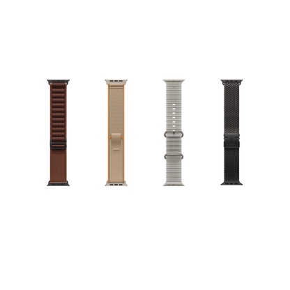 Four watch bands shown vertically on a plain white background: a dark brown leather band, a beige nylon-and-leather hybrid band, a light gray stainless steel link band, and a black mesh band.