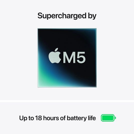 Apple M5 chip graphic with up to 18 hours of battery life text