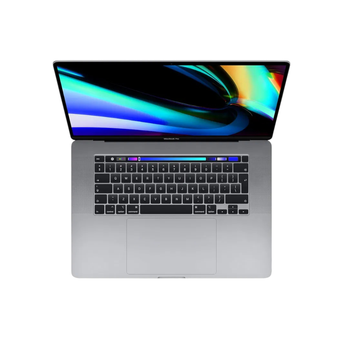 An open silver Apple MacBook laptop with a black keyboard and a colorful abstract display on the screen, shown against a plain white background.