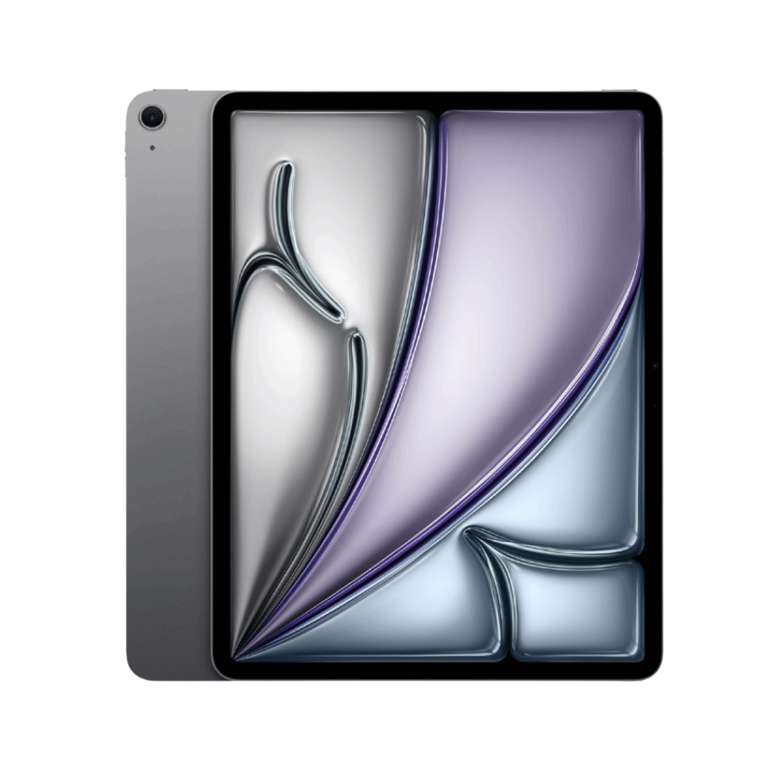 An iPad shown from the back in a dark gray finish, with the screen turned on and displaying a purple and silver abstract wallpaper, set against a plain white background.