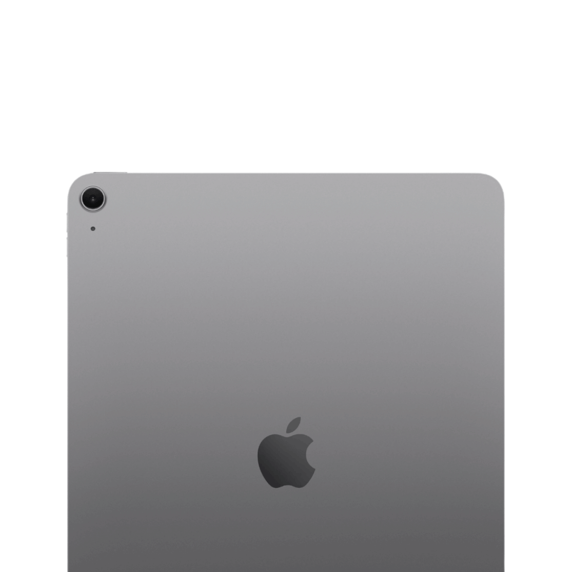 The back of a silver Apple iPad with a single camera lens and the Apple logo in the center, shown on a plain white background.
