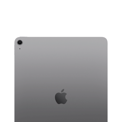 The back of a silver Apple iPad with a single camera lens and the Apple logo in the center, shown on a plain white background.