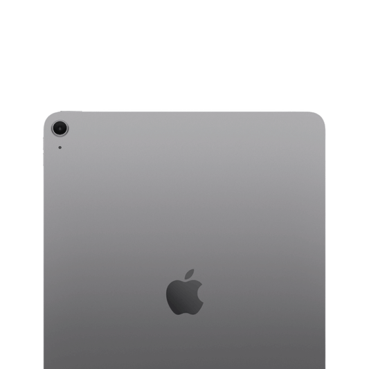 The back of a silver Apple iPad with a single camera lens and the Apple logo in the center, shown on a plain white background.