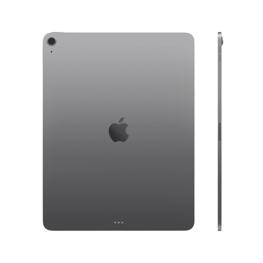 A gray Apple iPad shown from the back with a small side profile view on a plain white background.