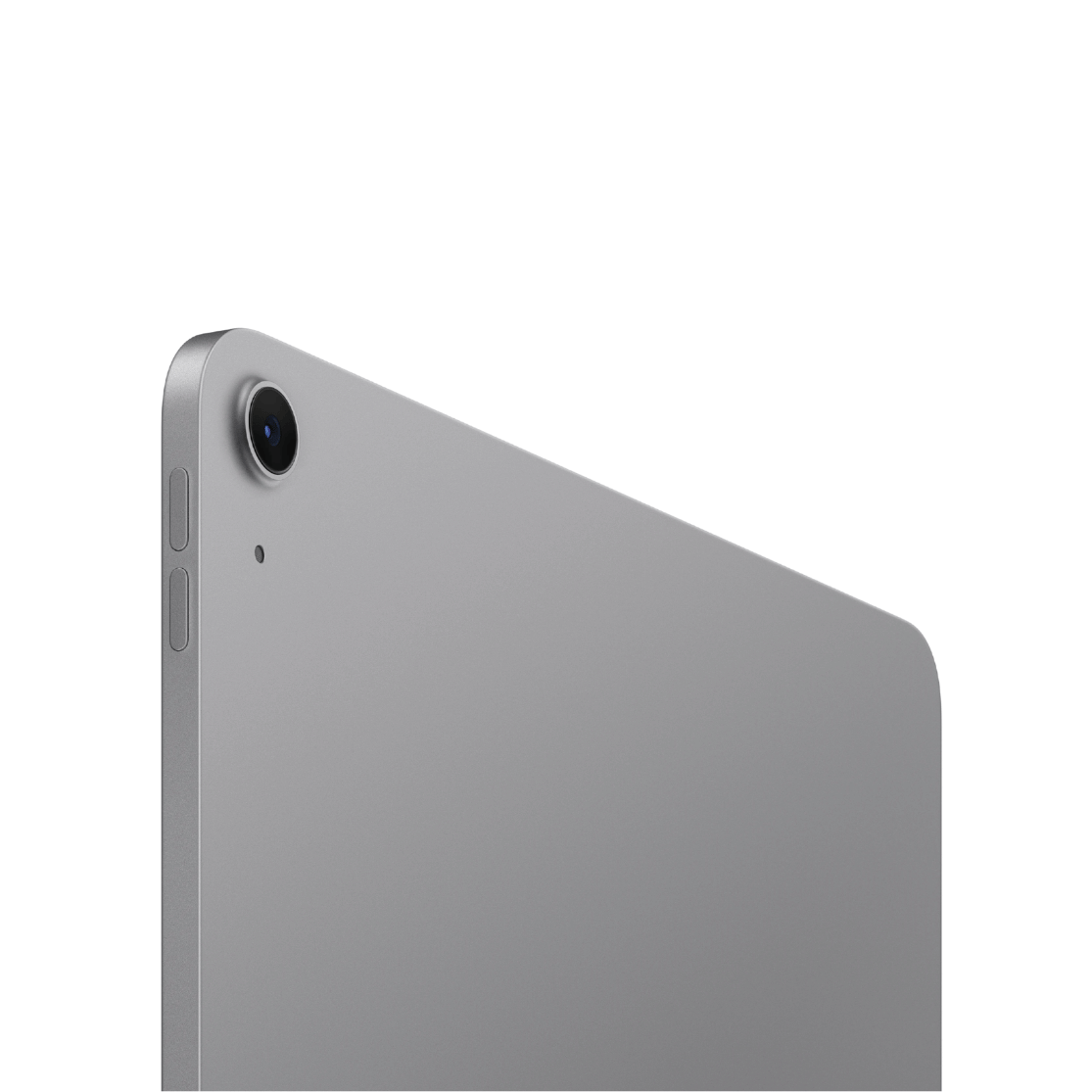 Close-up of the back corner of a silver tablet showing the camera lens, side buttons, and part of the screen edge on a white background.