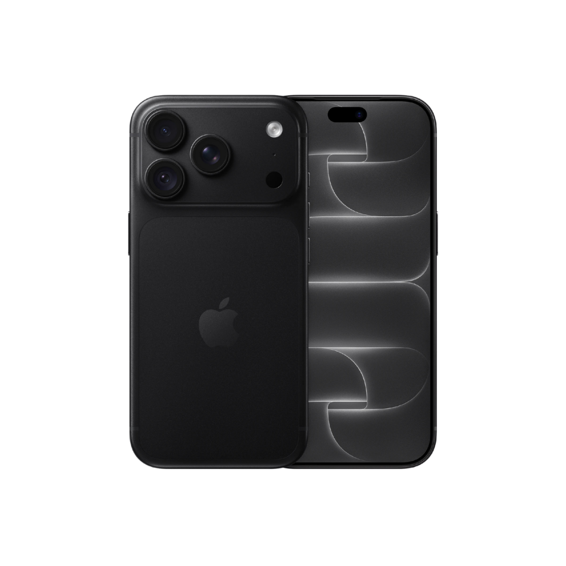 Black Apple iPhone shown from the back, featuring a triple-camera system on the left and a large screen on the right, set against a plain white background.