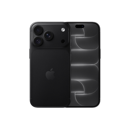 Black Apple iPhone shown from the back, featuring a triple-camera system on the left and a large screen on the right, set against a plain white background.