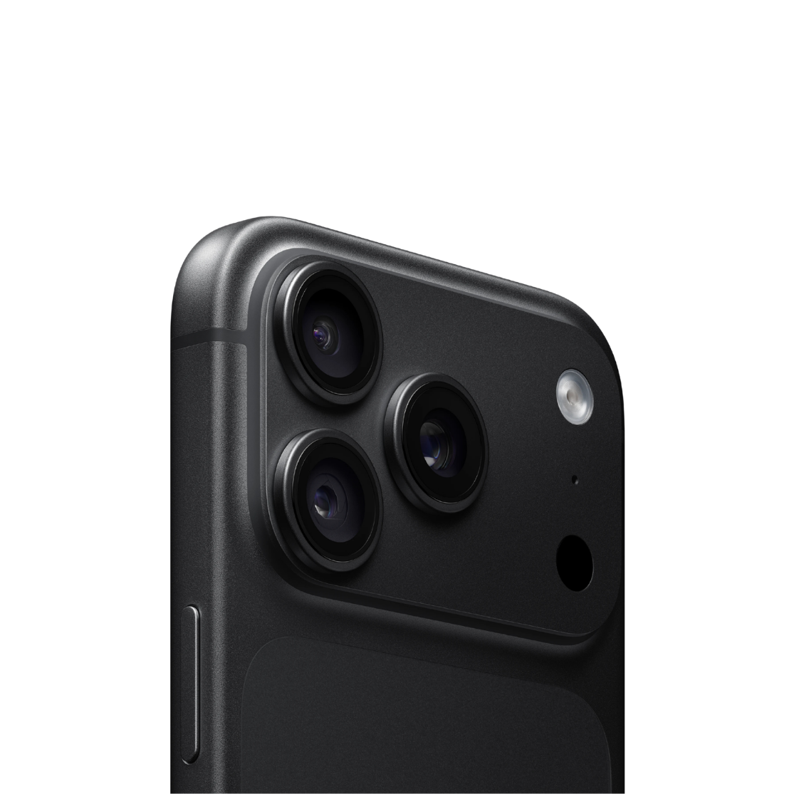 Close-up of the rear upper portion of a black smartphone showing a triple-camera system and flash on a clean white background.