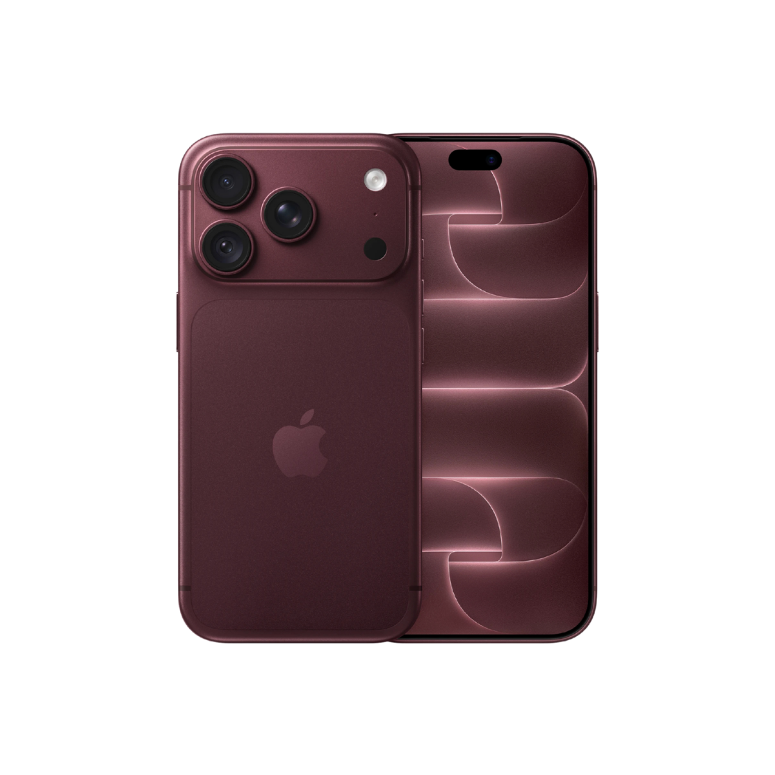 An Apple iPhone shown from the back in a deep burgundy color, featuring three rear cameras and a matching front screen view on a plain white background.