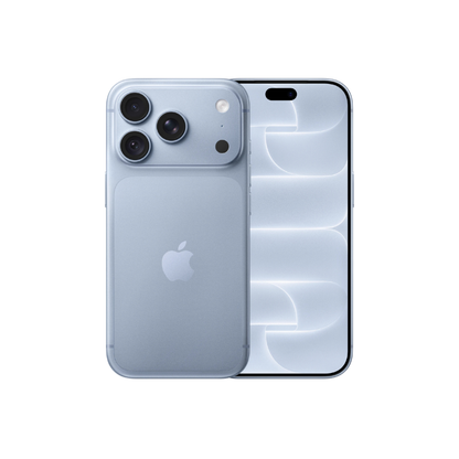 An Apple iPhone shown from the back and front, featuring a light blue-gray finish with a triple-camera array on the back and a black front bezel, set against a plain white background.