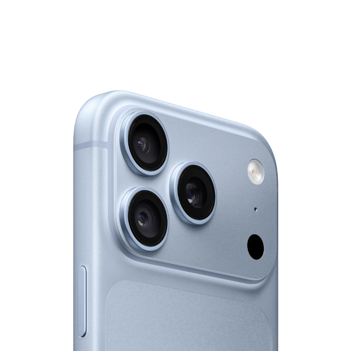 Close-up of the back of a light blue smartphone showing a triple-camera system, flash, and fingerprint sensor cutout on a white background.