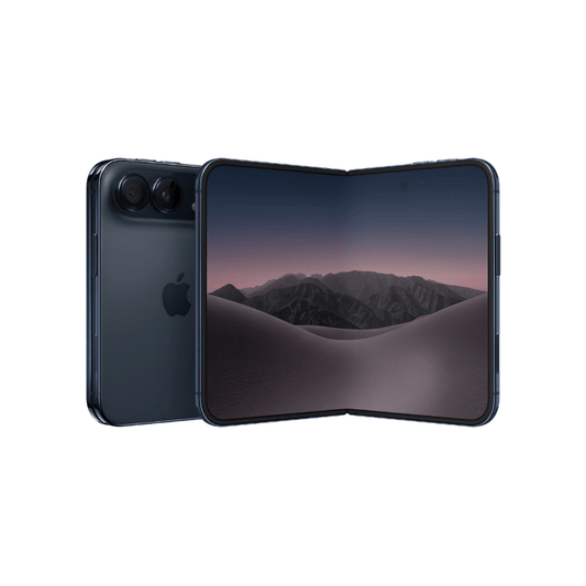 A dark blue foldable smartphone shown open and closed on a light gray background. The closed view shows the rear camera array and Apple logo, while the open view shows a mountain landscape wallpaper on the display.