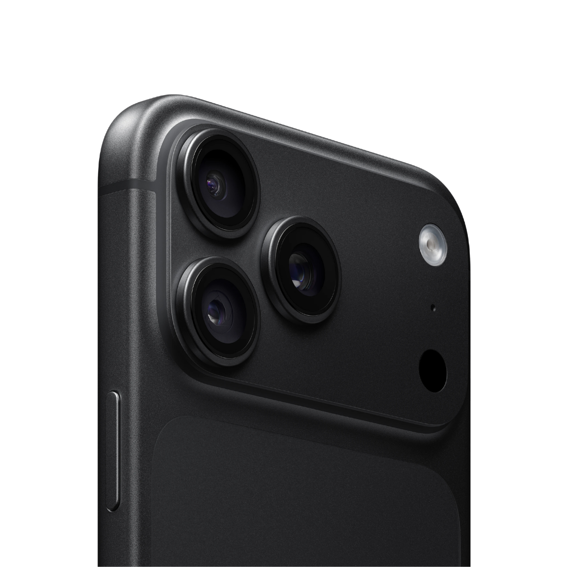Close-up of the rear upper section of a black smartphone showing a triple-camera system and flash on a clean white background.