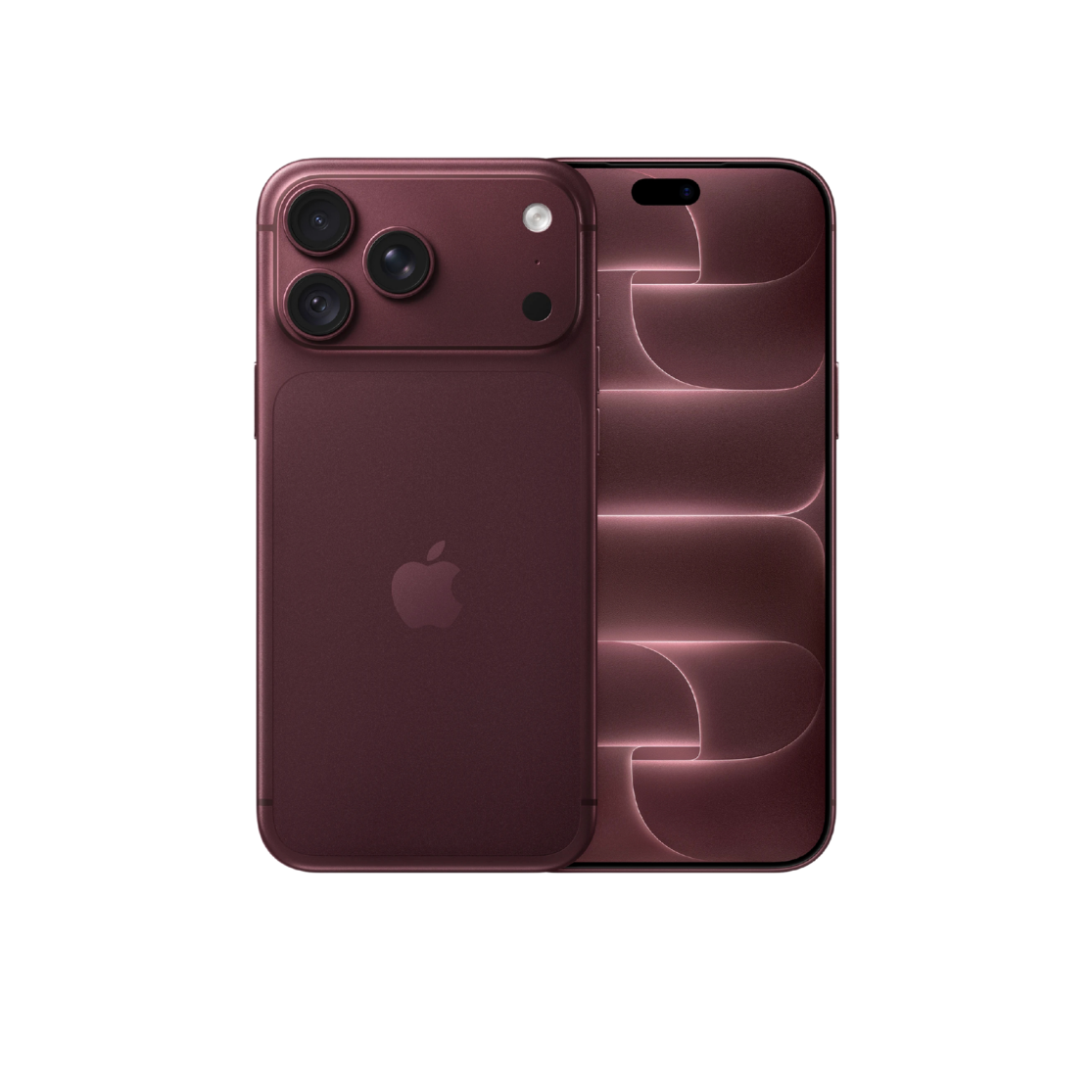 An Apple iPhone shown from the back in a deep plum or burgundy color, featuring three rear cameras and a front-facing screen display on a plain white background.