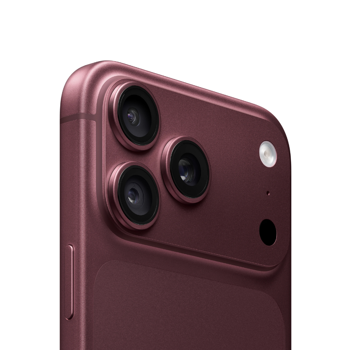 Close-up of the rear upper section of a smartphone showing a metallic deep plum-purple finish, three rear cameras, and a flash on a clean white background.