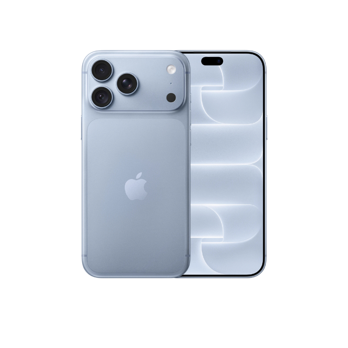 An Apple iPhone shown from the back and front, featuring a light blue-gray glass finish with a triple-camera array on the back and a large front display.