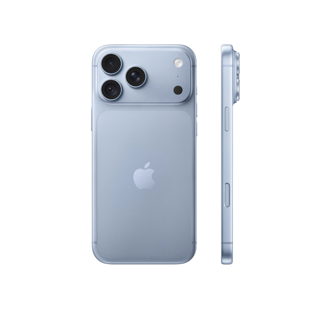 A light blue-gray Apple iPhone shown from the back and side on a clean white background.