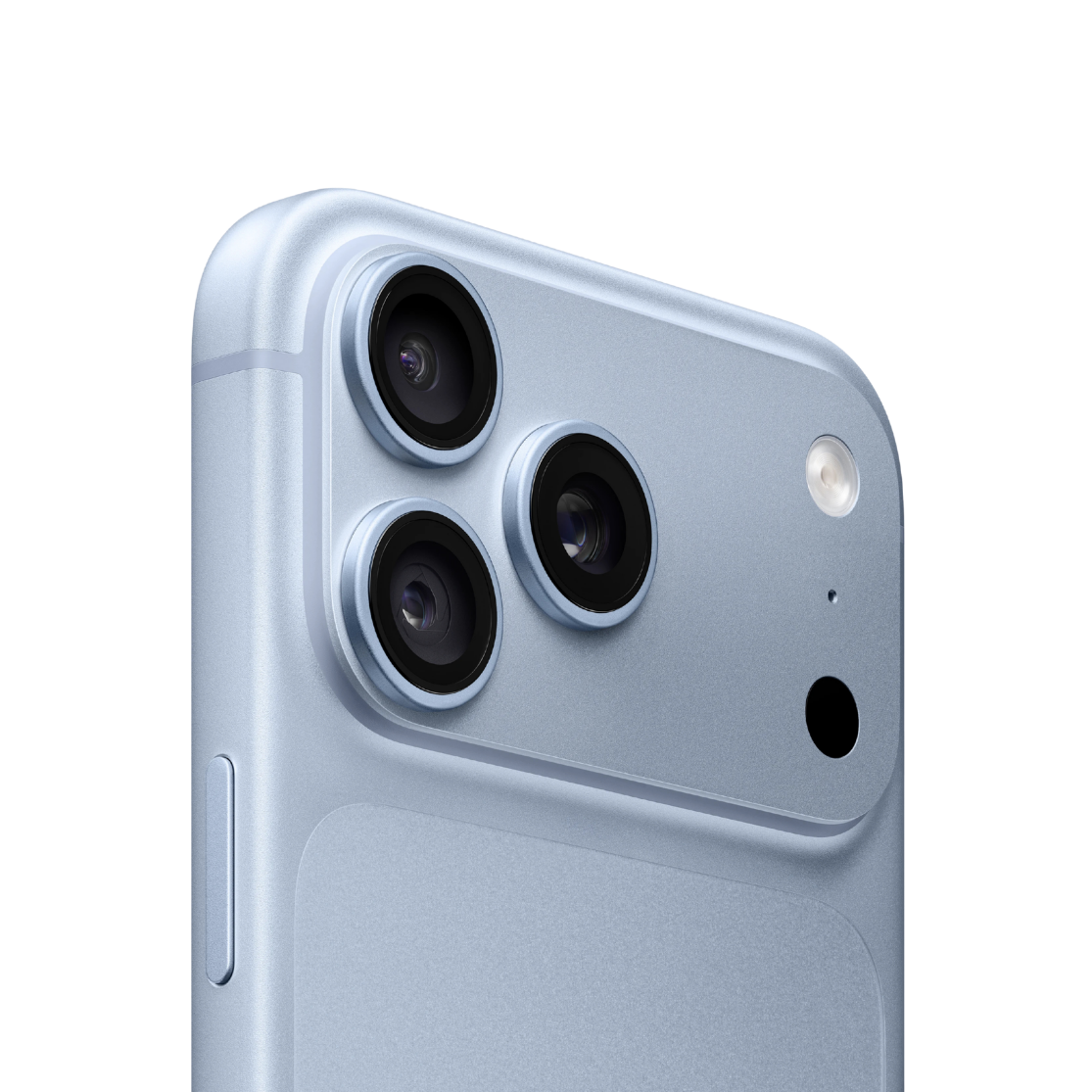 Close-up of the back of a light blue smartphone showing three rear camera lenses, a flash, and part of the side button on a white background.