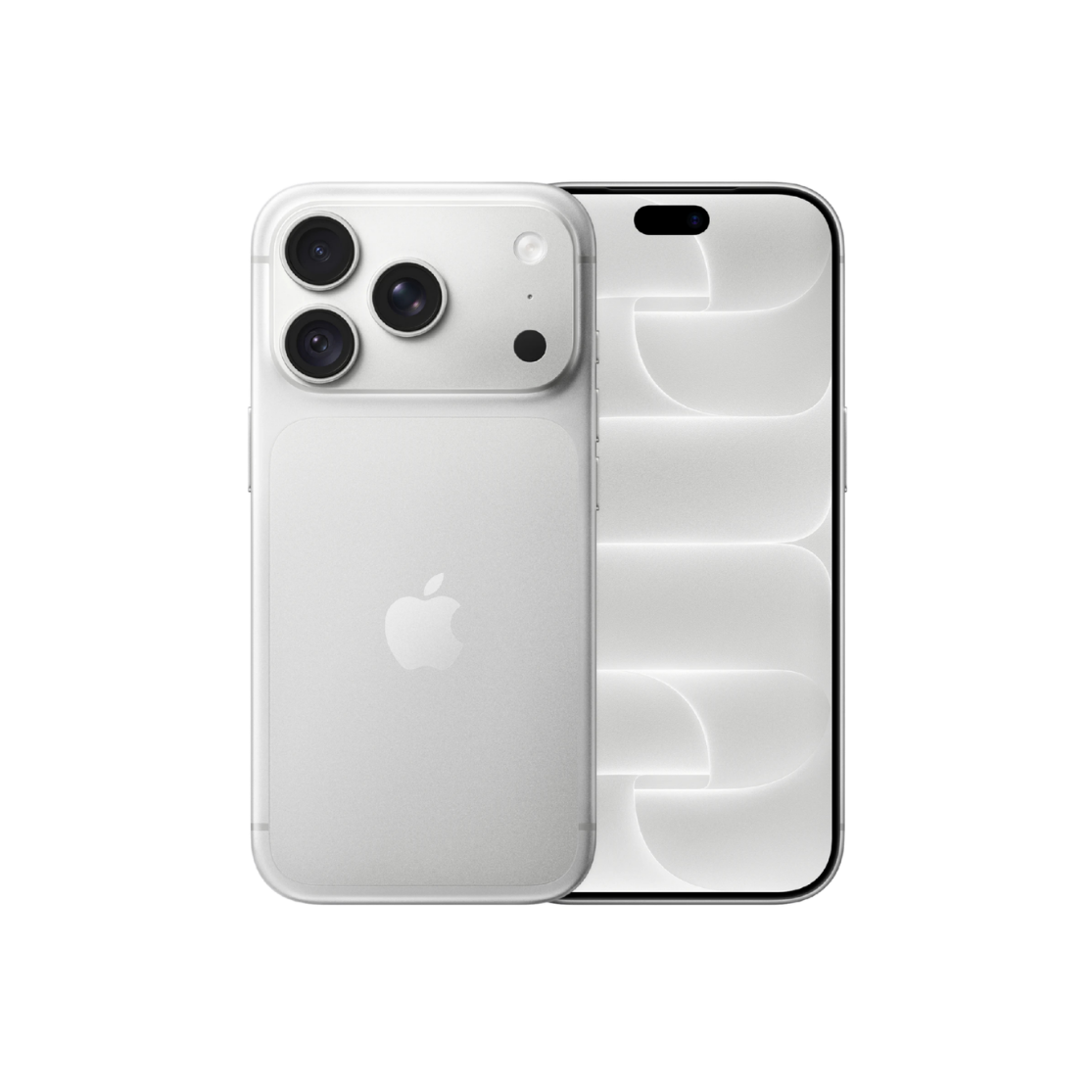 A silver Apple iPhone shown from both the back and front, featuring a triple-camera system on the back and a large display on the front, set against a plain white background.