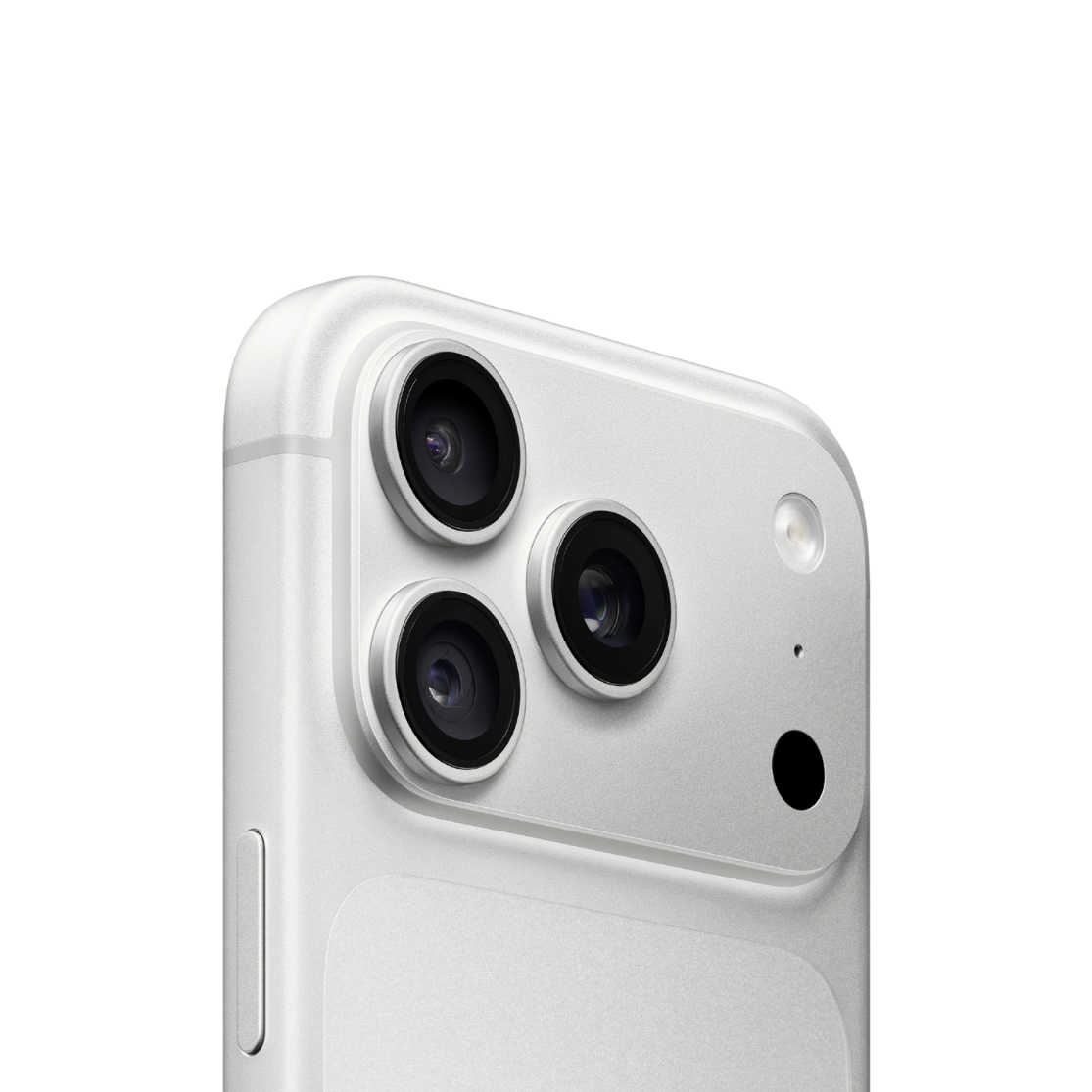 Close-up of the back of a silver smartphone showing a triple-camera system, flash, and a small circular cutout on a clean white background.