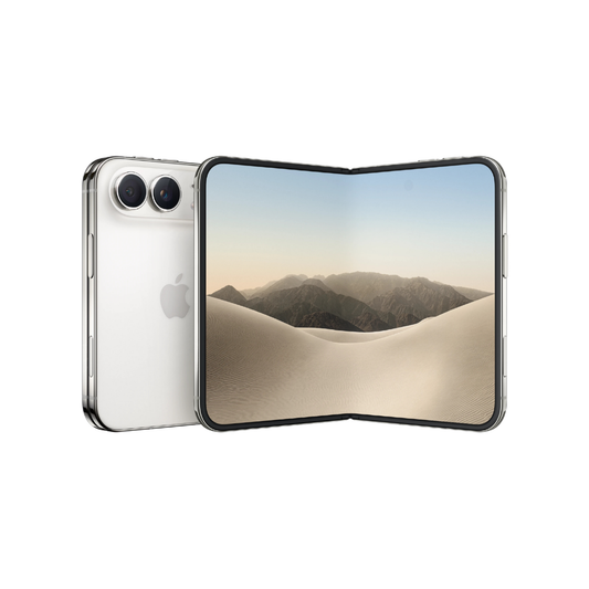 A clear protective case shown on two views of an iPhone: one phone standing upright showing the back with a silver Apple logo and dual rear cameras, and one phone folded open displaying a desert mountain wallpaper. The case itself is transparent and fitted around both devices against a plain white background.