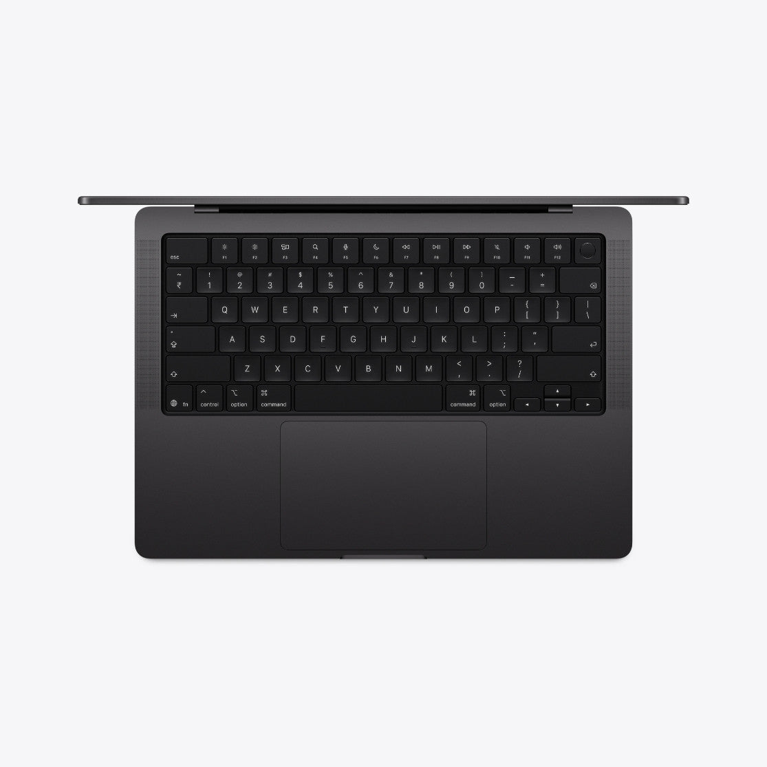 Top view of 14-inch MacBook Pro keyboard and trackpad in space black
