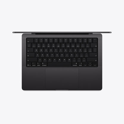 Top view of 14-inch MacBook Pro keyboard and trackpad in space black
