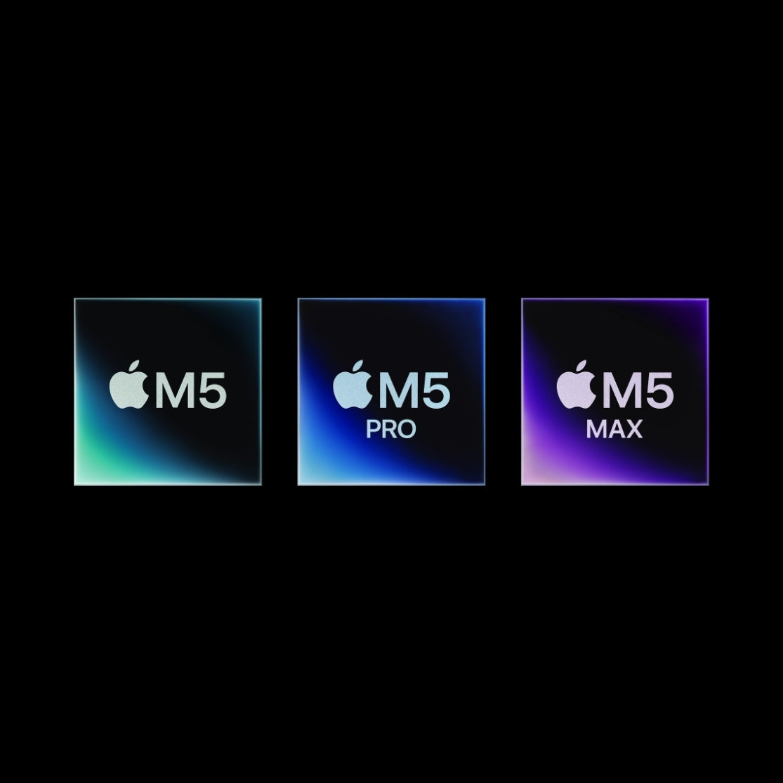 Apple M5 M5 Pro and M5 Max chip graphics on black background