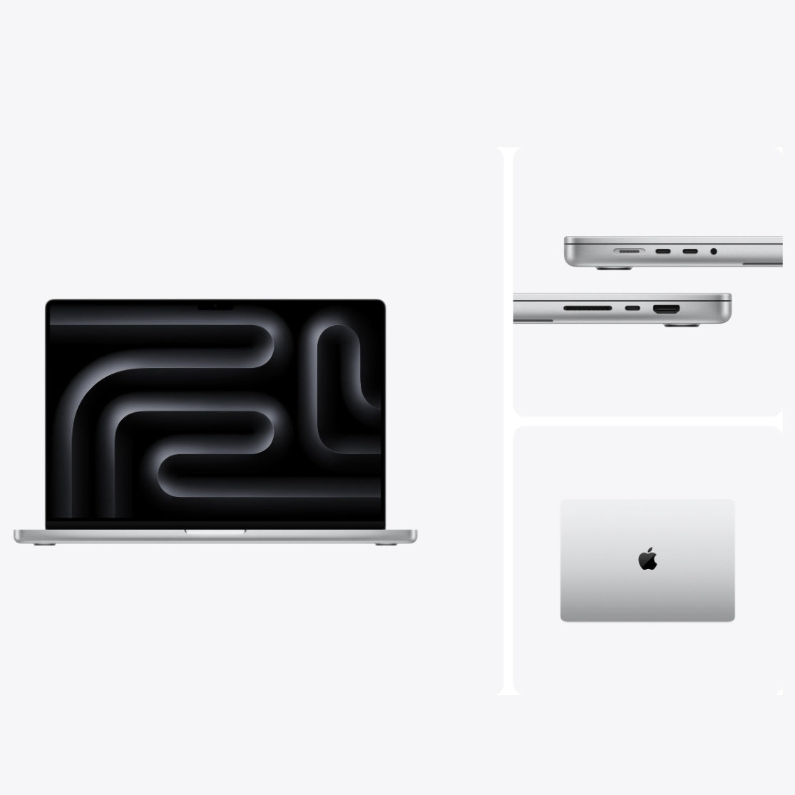 Collage of 14 inch MacBook Pro in silver showing front display ports and top lid