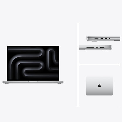 Collage of 14 inch MacBook Pro in silver showing front display ports and top lid