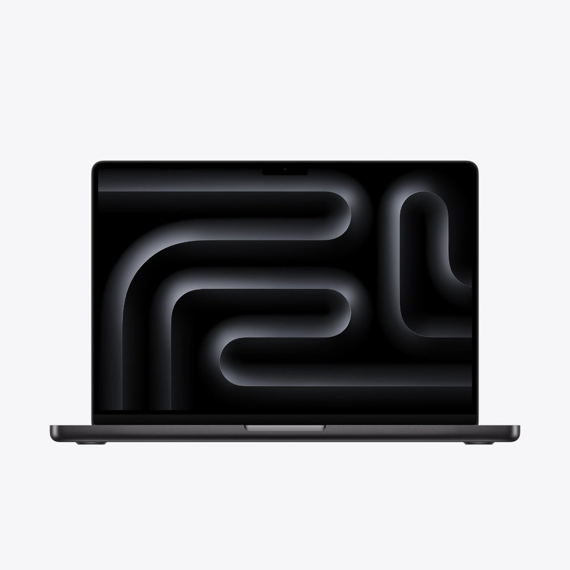 Front view of 14 inch MacBook Pro in space black with display on