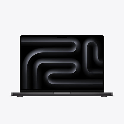 Front view of 14 inch MacBook Pro in space black with display on