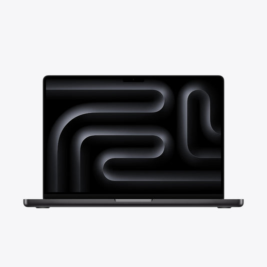 Front view of 14 inch MacBook Pro in space black with display on